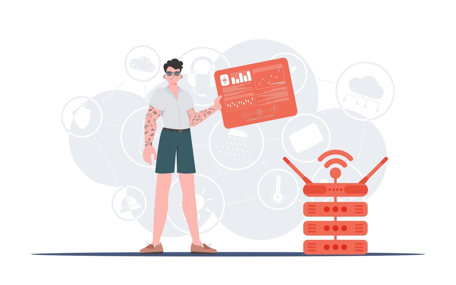 IOT and automation concept. A man holds a panel with analyzers and indicators in his hands. Good for websites and presentations. illustration in flat style. vector