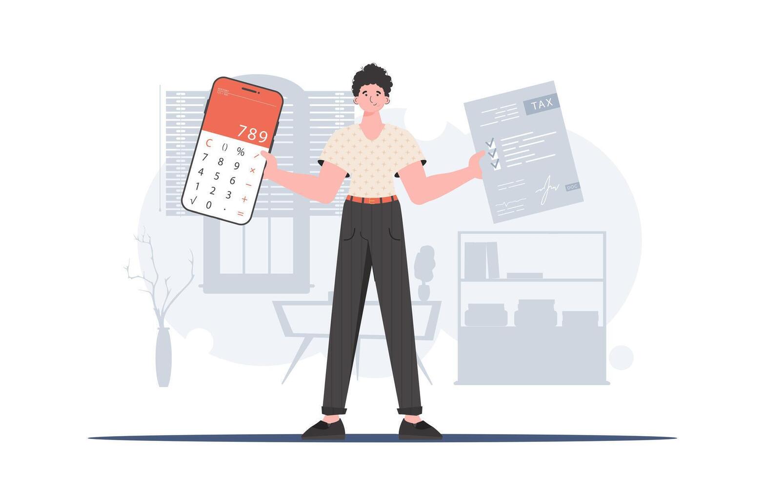 A man holds a calculator and a tax form in his hands. The concept of payment and calculation of taxes. illustration in a flat style. vector