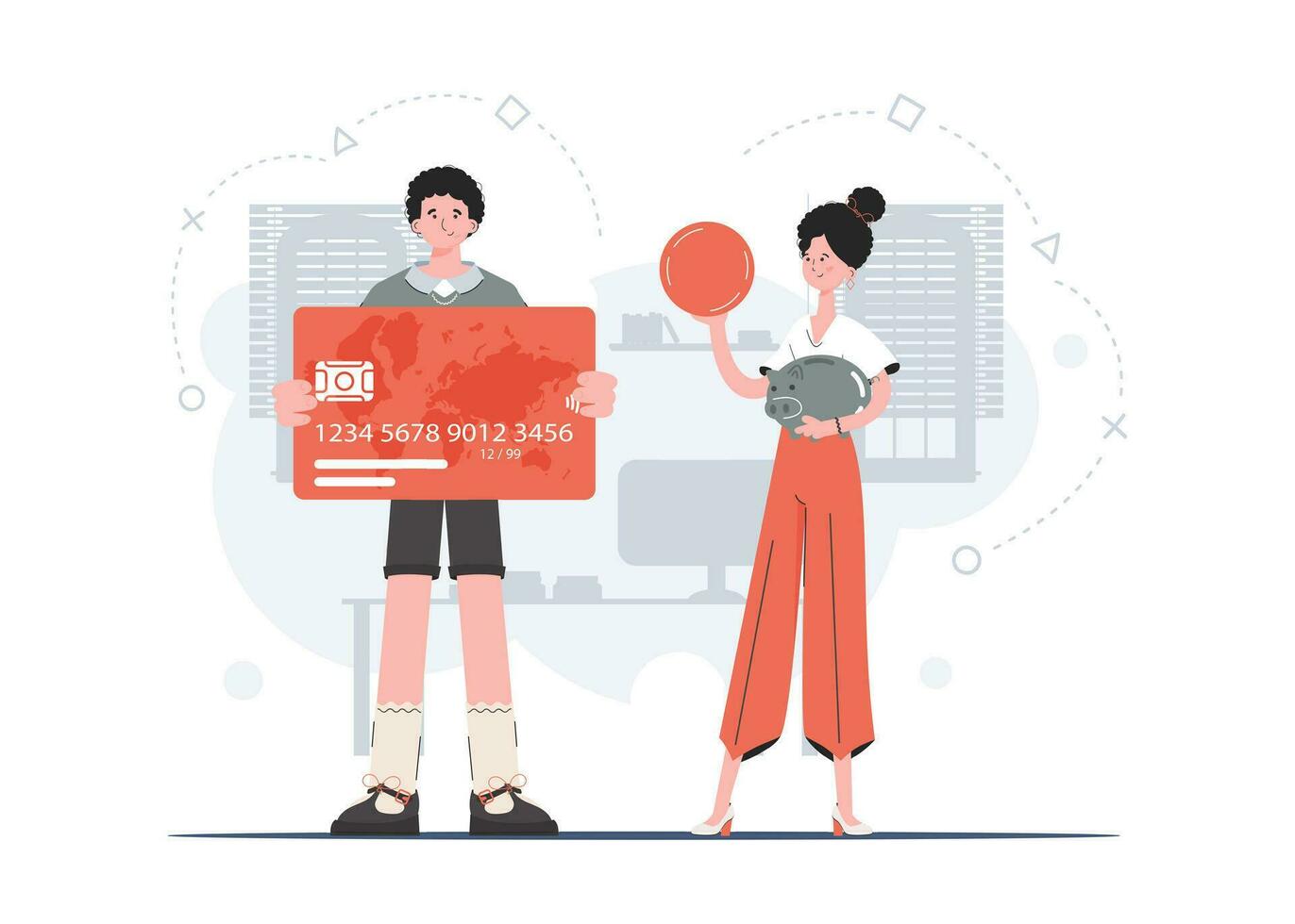 A woman and a man put money from a piggy bank on a card. Saving. Flat style. Element for presentations, sites. vector