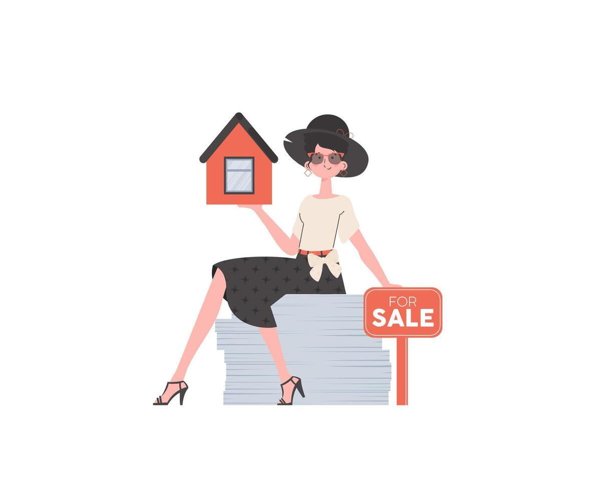 The girl sits on a stack of documents and holds the house in her hands. Selling a house or real estate. Isolated. vector