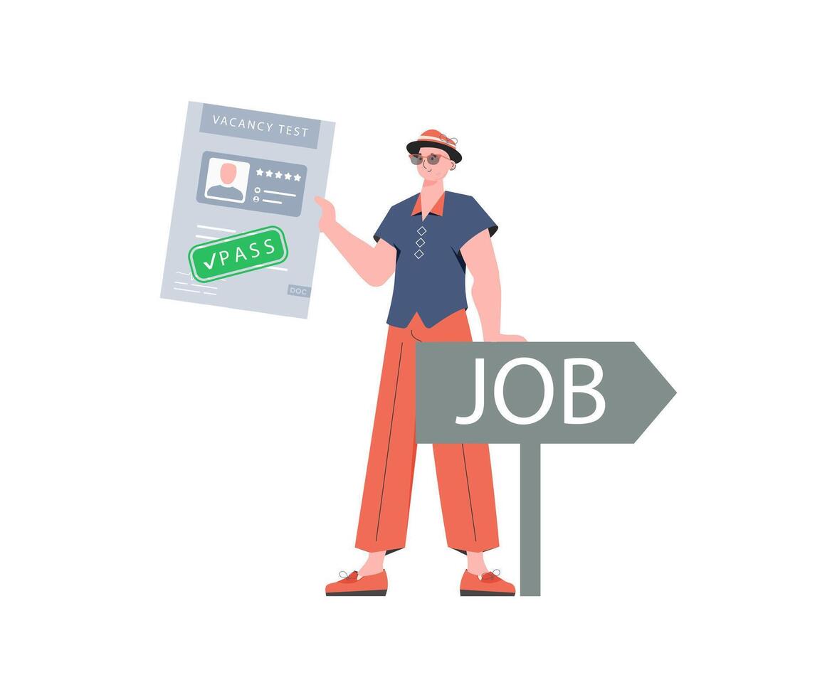 The guy holds in his hands the passed test for a vacancy. Job search and human resource concept. Trend style, vector illustration.