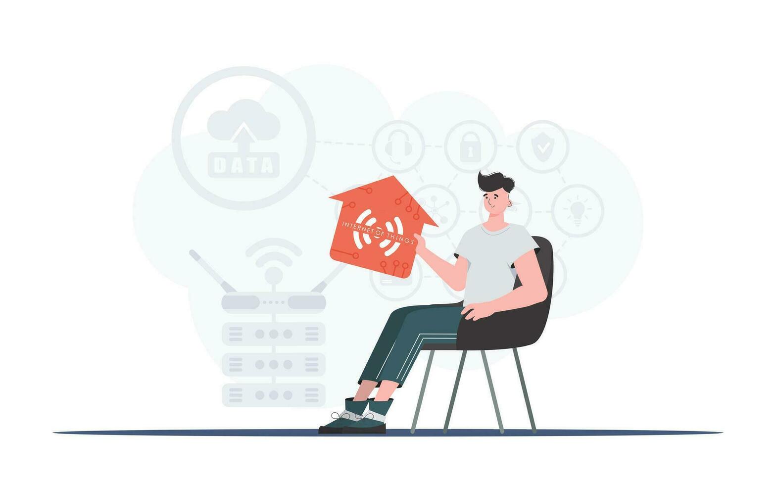 Internet of things concept. A man sits in an armchair and holds a house icon in his hands. Good for websites and presentations. Vector illustration in flat style.