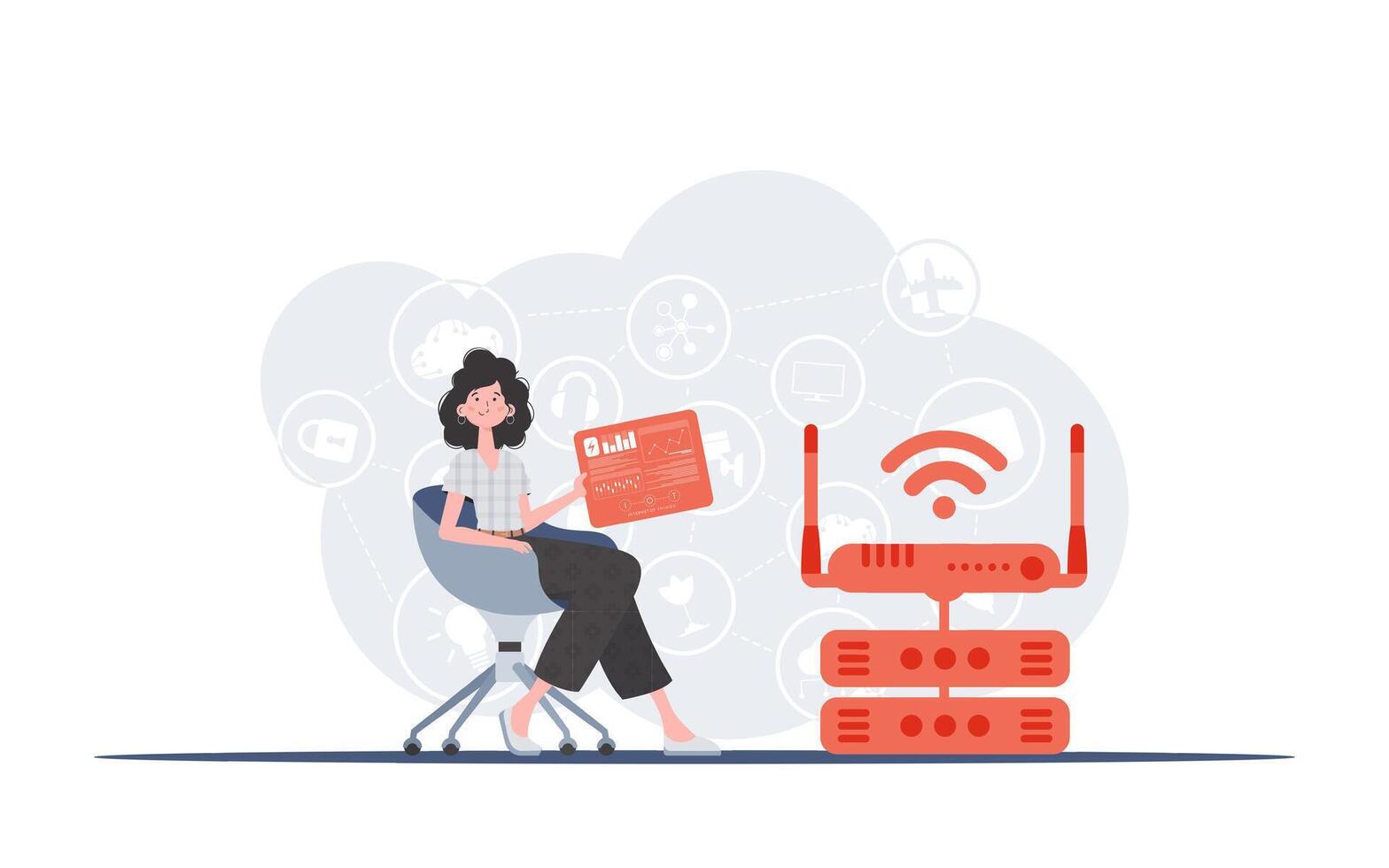 IoT concept. A woman sits in a chair and holds a panel with analyzers and indicators in her hands. Good for websites and presentations. Trendy flat style. . vector