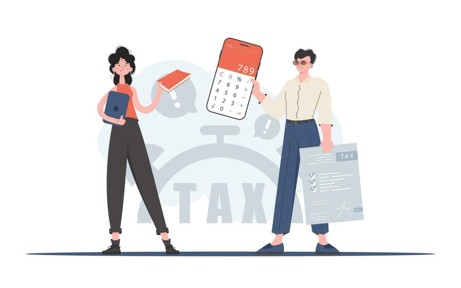 A man and a woman are standing with a book about taxes. The study of taxes. Element for presentation. vector