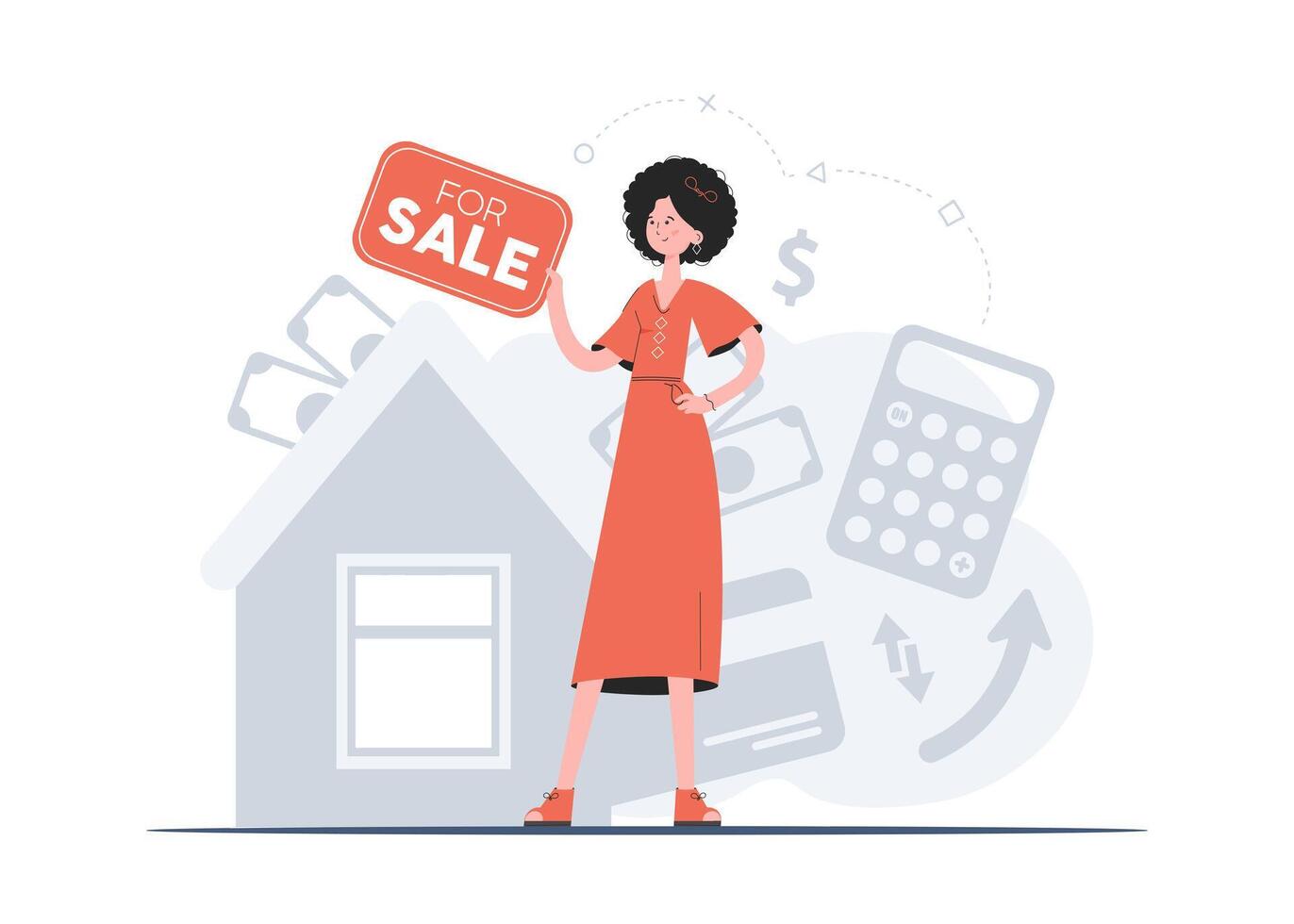 A woman stands in full growth with a poster for the sale of real estate. Property For Sale. Flat style. Element for presentations, sites. vector