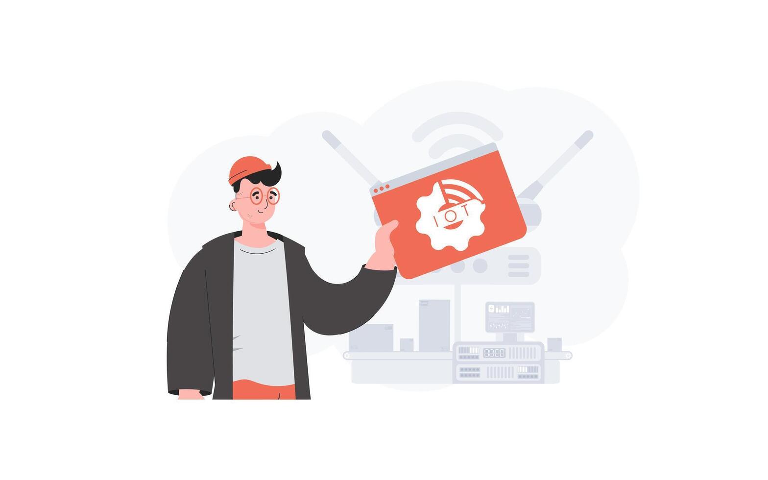 The guy is holding an internet thing icon in his hands. Internet of things concept. Good for presentations and websites. illustration in flat style. vector