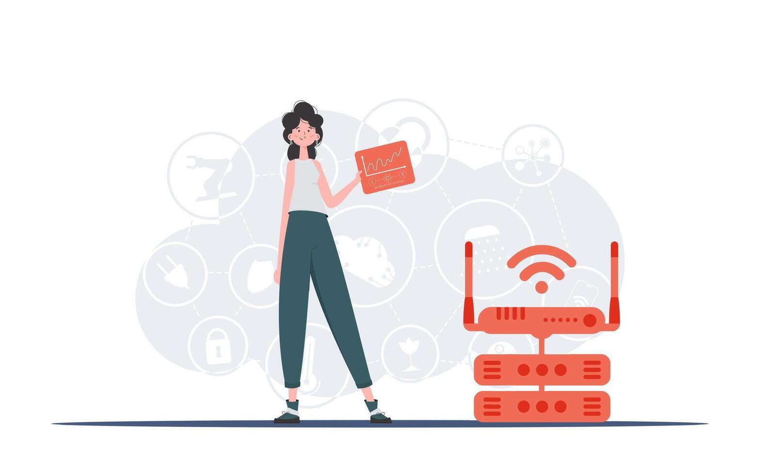 IoT concept. A woman holds a panel with analyzers and indicators in her hands. Good for websites and presentations. illustration in flat style. vector