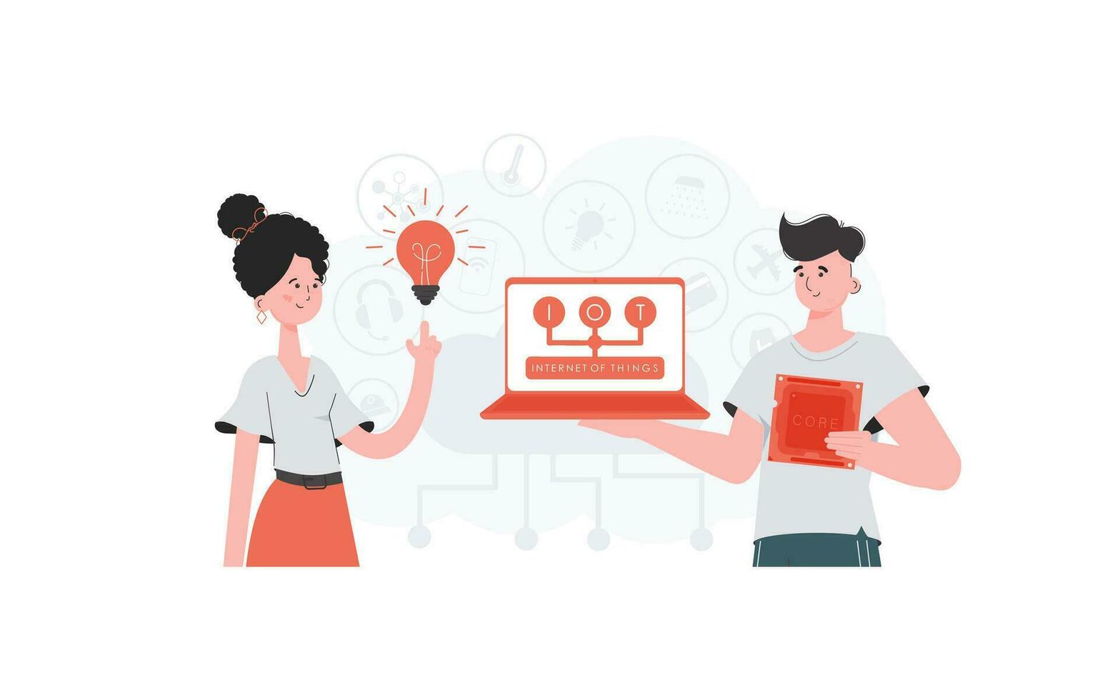 The girl and the guy are a team in the field of Internet of things. IoT concept. Good for presentations and websites. Vector illustration in flat style.