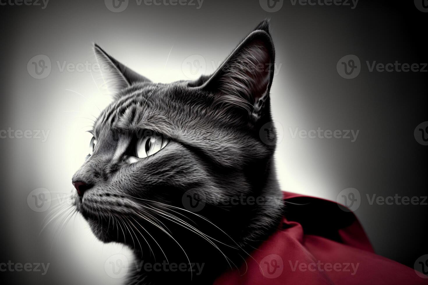 A Black And White Photo Of A Cat Wearing A Red Cape.