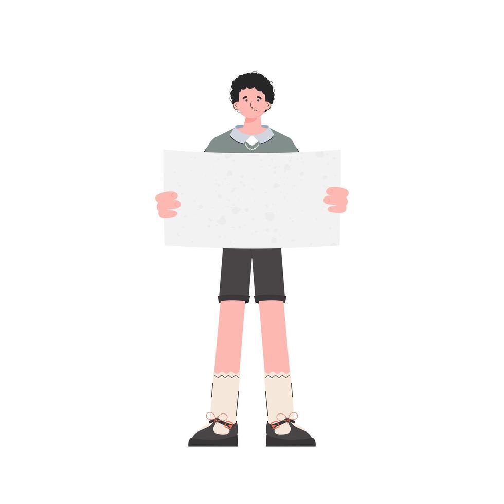 A man stands in full growth shows an empty sheet. Isolated. Flat style. Element for presentations, sites. vector