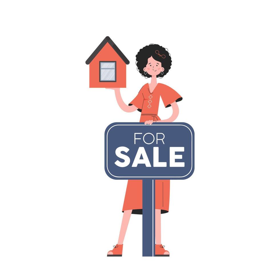 A woman stands in full growth next to a poster for the sale of real estate. Isolated. Flat style. Element for presentations, sites. vector