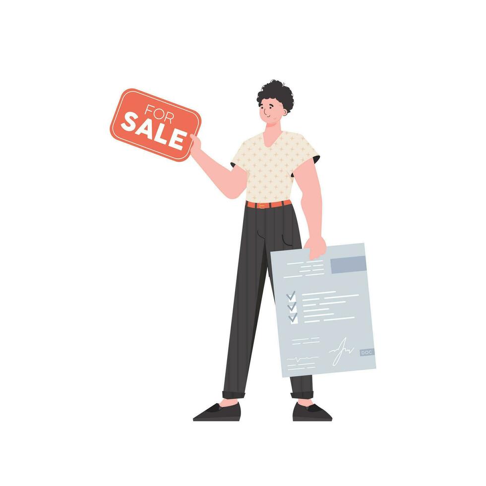 A man with a document and a tablet in his hands for sale. The concept of selling a house. Isolated. Vector illustration.