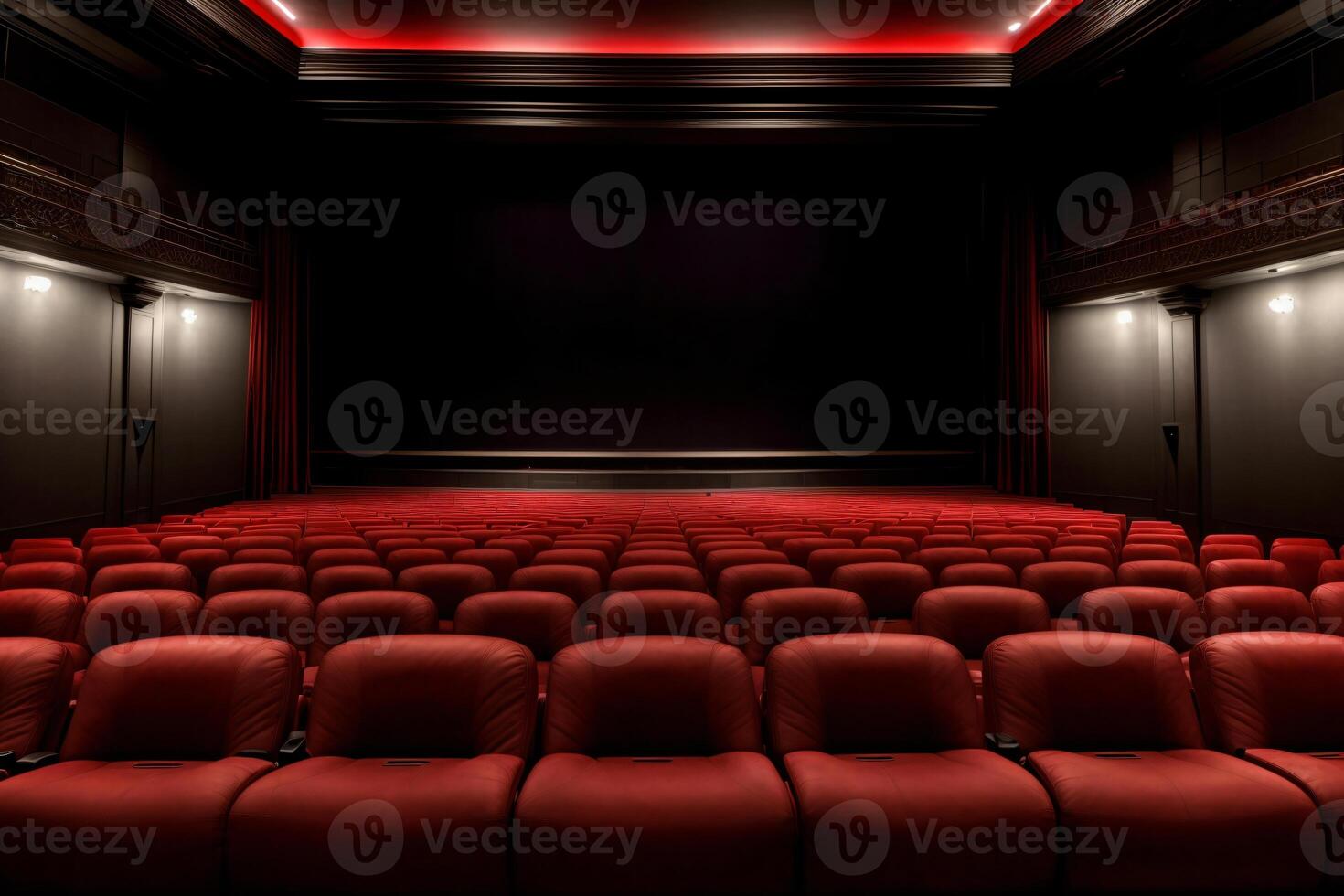 A Row Of Red Seats In Front Of A Projector Screen. photo