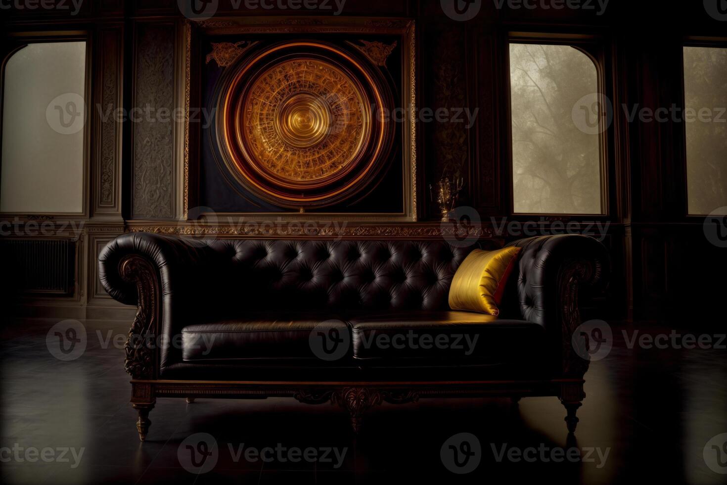 A Couch In A Dark Room With A Clock On The Wall. photo