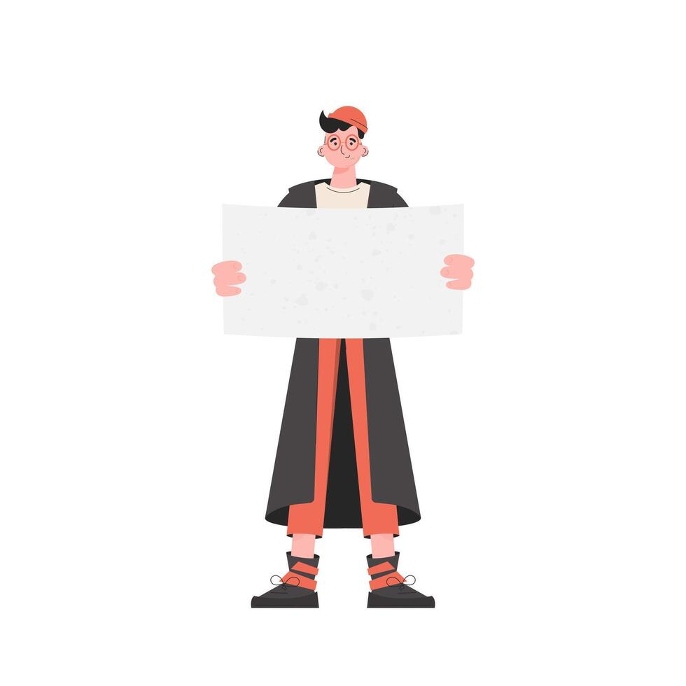 A man stands in full growth with a blank banner in his hands. Isolated. Flat style. Element for presentations, sites. vector