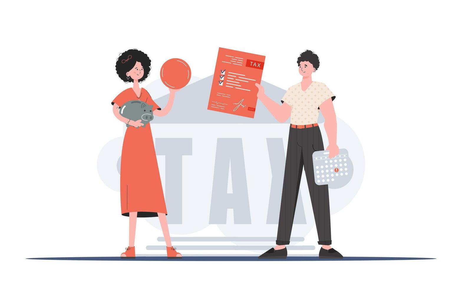 A man and a woman are standing in full growth with a coin, a piggy bank and a tax return in their hands. Payment of taxes. Element for presentation. vector