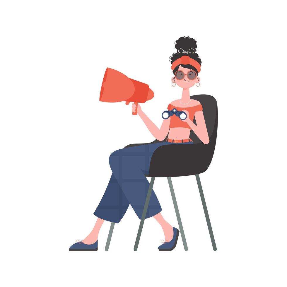 The girl sits in a chair and holds a bullhorn or loudspeaker. Isolated. Vector