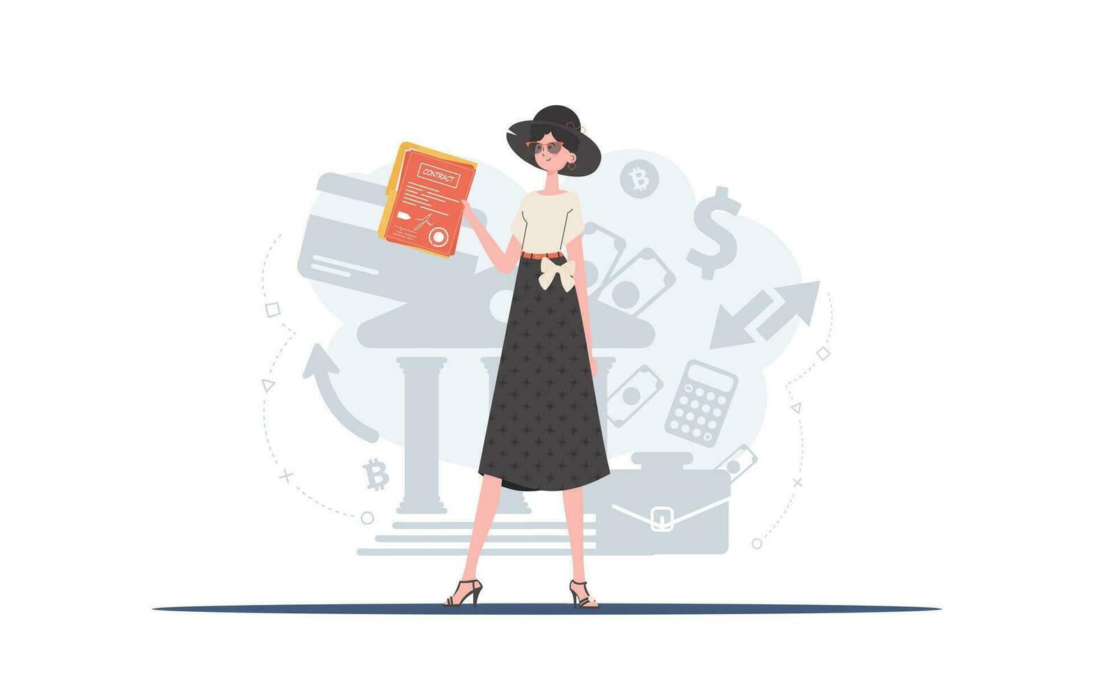 The woman is holding a contract in her hands. The character is depicted in full growth. The concept of concluding contracts. Vector illustration.