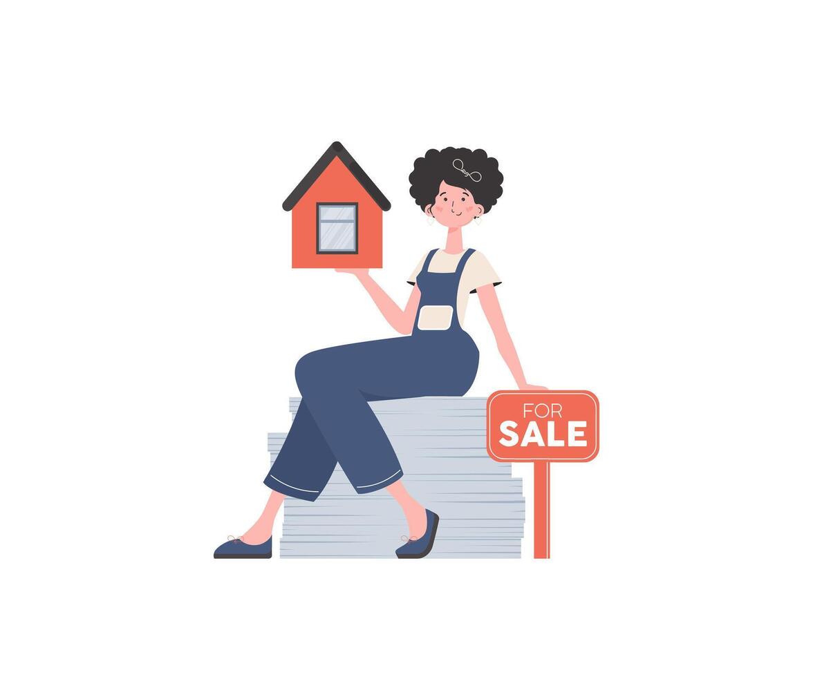 The girl sits on a stack of documents and holds the house in her hands. Real estate sale concept. Isolated. Vector illustration.