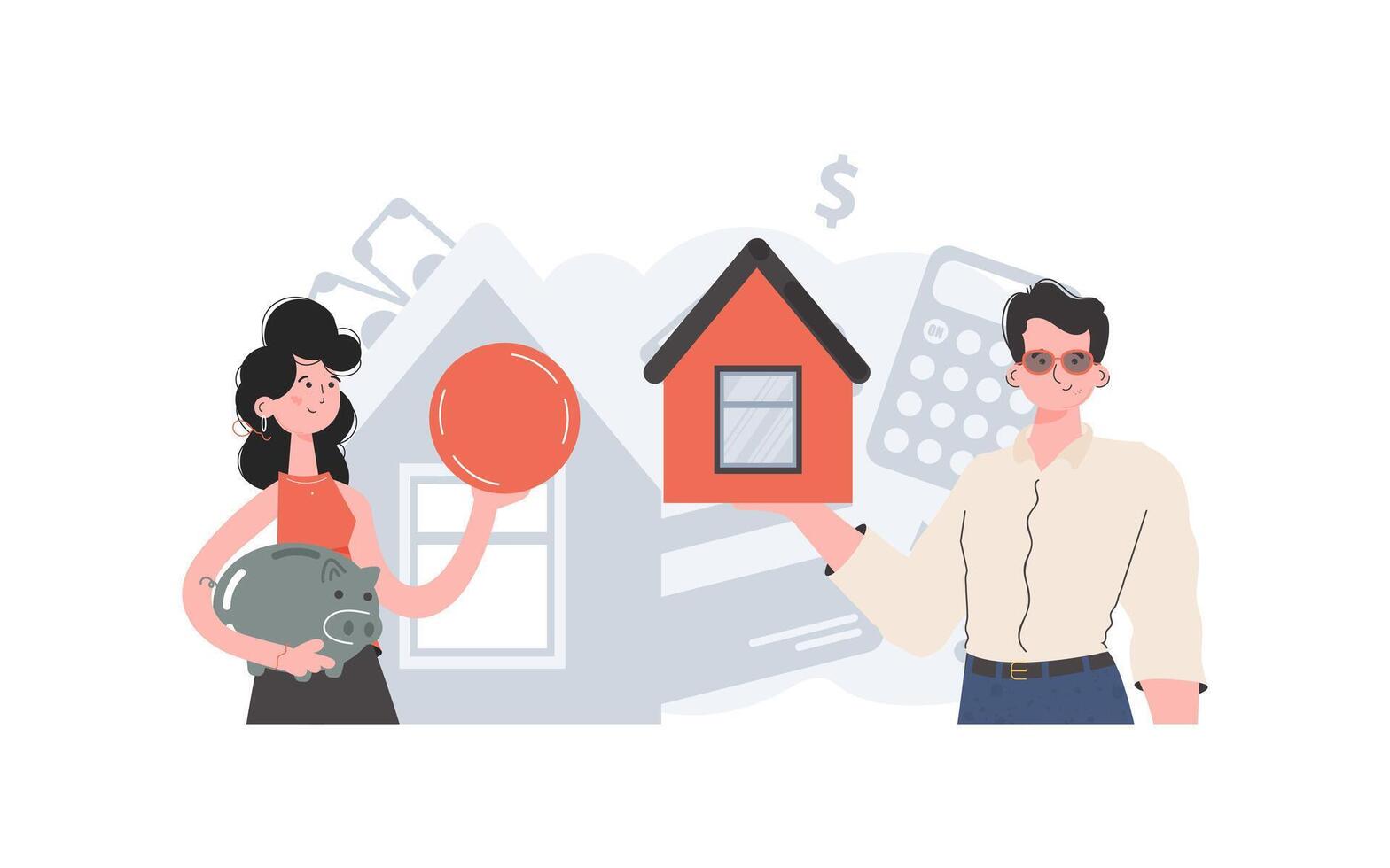 Girl and guy buys a house. The concept of buying real estate or an apartment. People are depicted to the waist. Trend illustration. vector