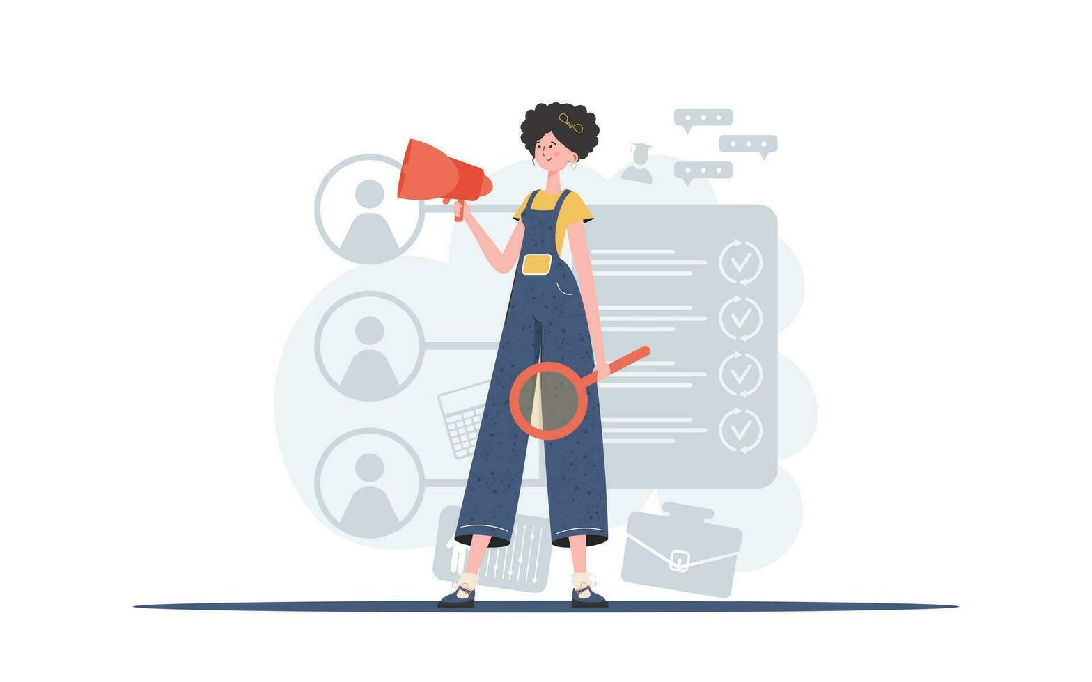 A woman stands in full growth with a magnifying glass. Human resource. Element for presentation. vector