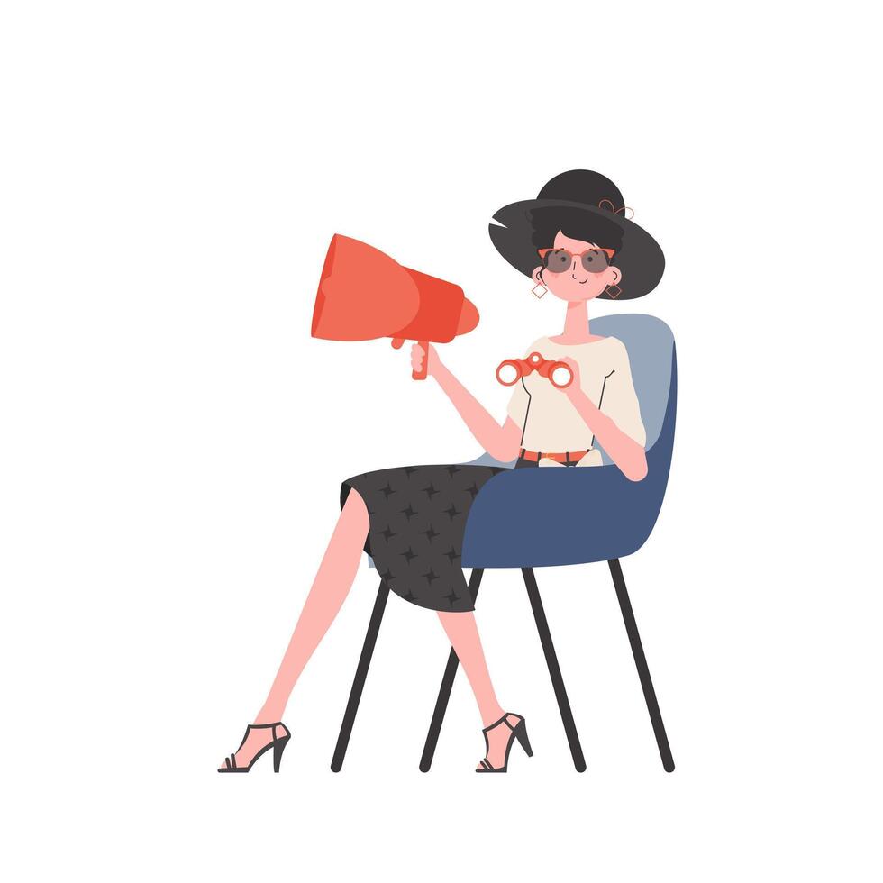 The girl sits in a chair and holds a bullhorn or loudspeaker. Isolated on white background. Vector illustration.