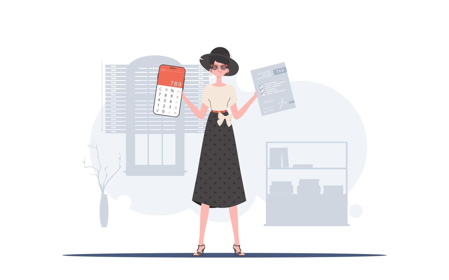 The girl is holding a calculator and a tax form in her hands. The concept of payment and calculation of taxes. illustration. vector