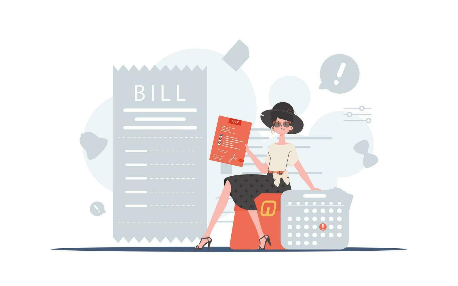 A woman sits with a tax return form in her hands. Payment of taxes. Element for presentation. vector