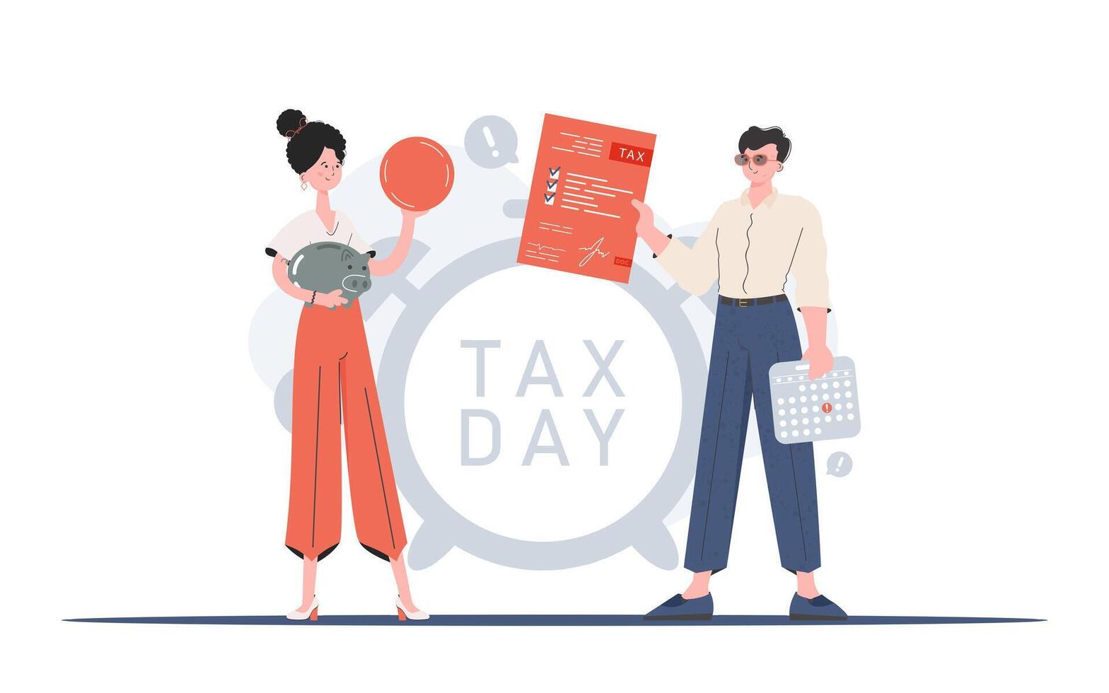 A man and a woman stand in full growth with a piggy bank and a coin. Payment of taxes. Element for presentation. vector