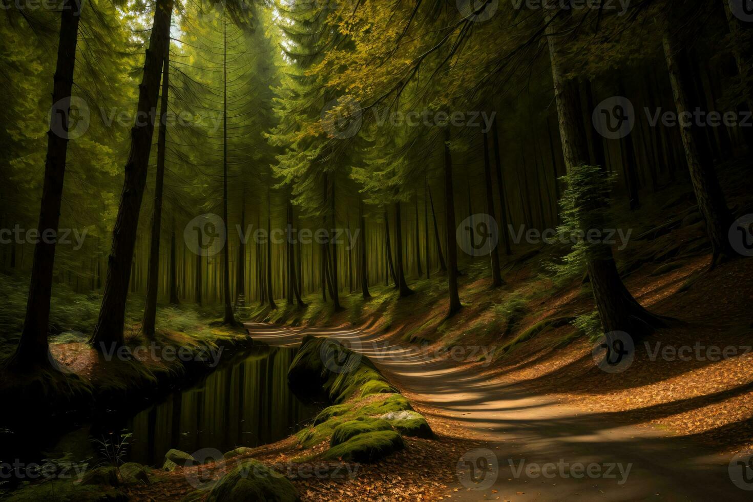 un camino en el medio de un bosque siguiente a un cuerpo de agua. ai generado foto