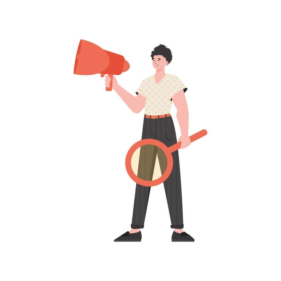 A man stands in full growth with a magnifying glass and a loudspeaker in his hands. Isolated. Element for presentation. vector