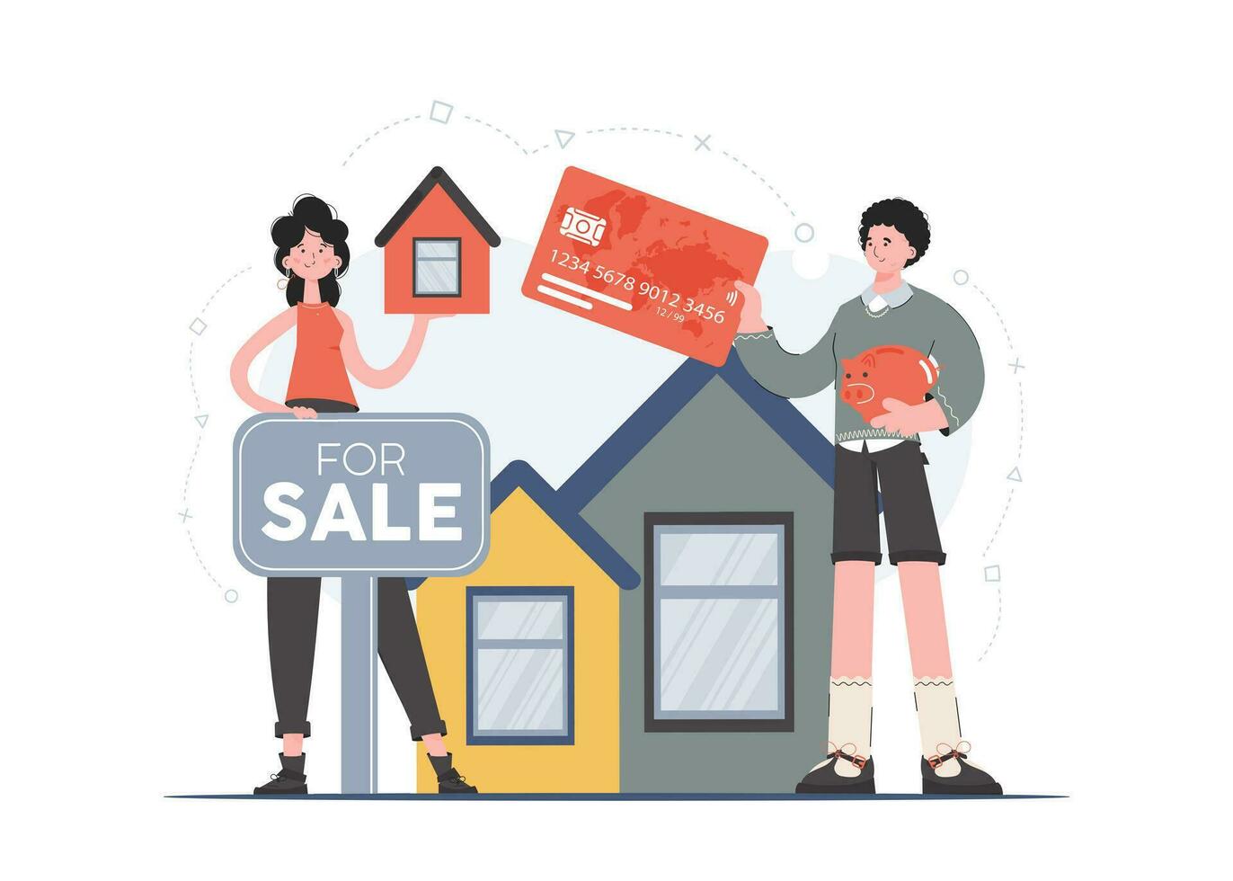 A woman and a man stand in full growth holding a model of a house and a credit card in their hands. Realtors. Flat style. Element for presentations, sites. vector