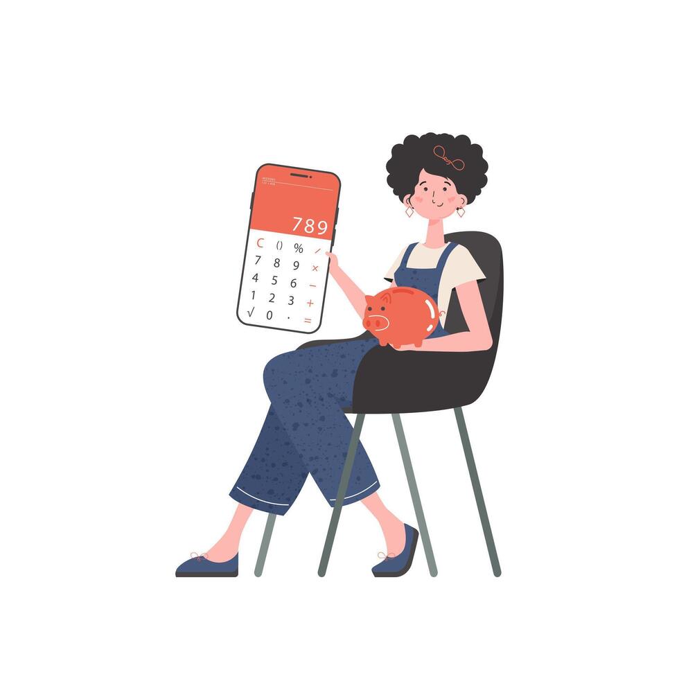 The girl sits in a chair and holds a calculator and a piggy bank in her hands. Isolated on white background. Trend style, vector illustration.