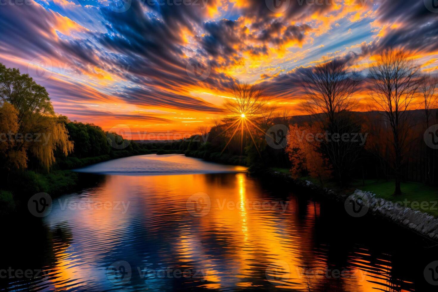 The Sun Is Setting Over A Body Of Water. photo
