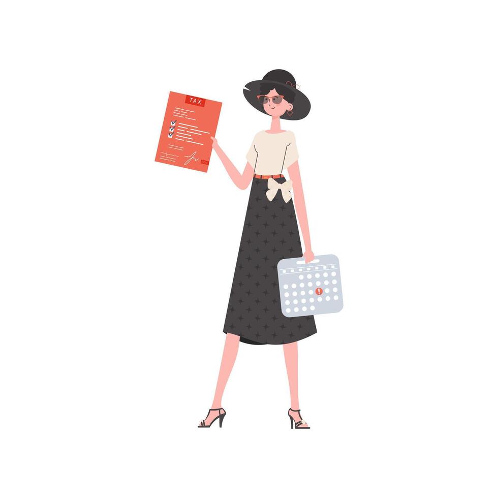 A woman stands to her full height with a tax return form in her hands. Isolated. Element for presentation. vector