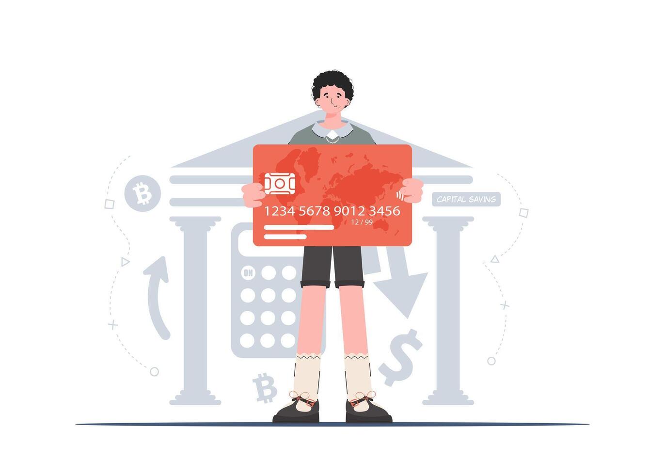 A man stands in full growth with a plastic card in his hands. Deposit. Flat style. Element for presentations, sites. vector