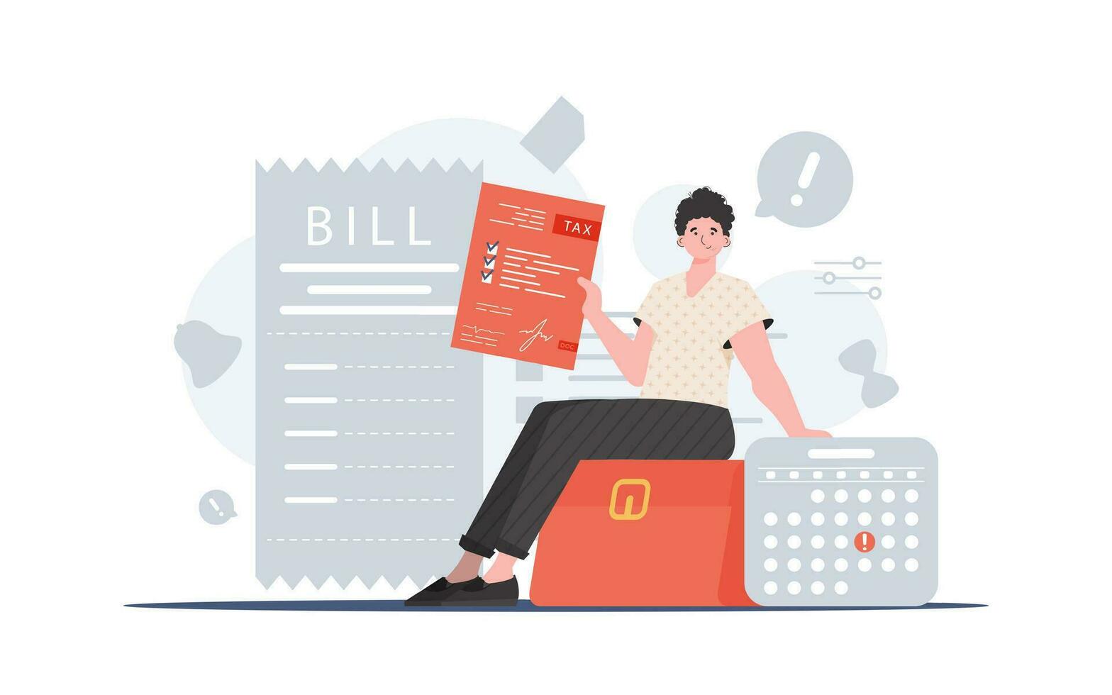 A man sits with a tax return form in his hands. Payment of taxes. Element for presentation. vector