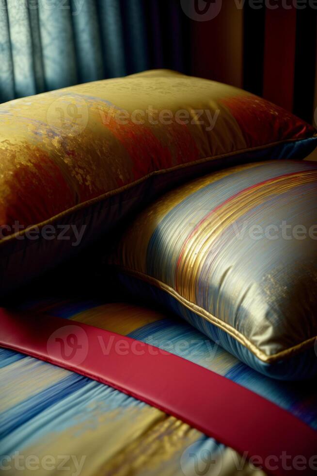 A Couple Of Pillows Sitting On Top Of A Bed. AI Generated photo