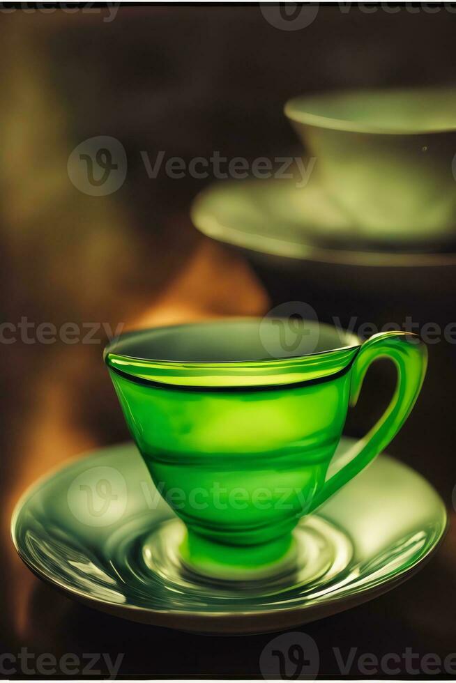 un verde taza sentado en parte superior de un platillo. ai generado foto