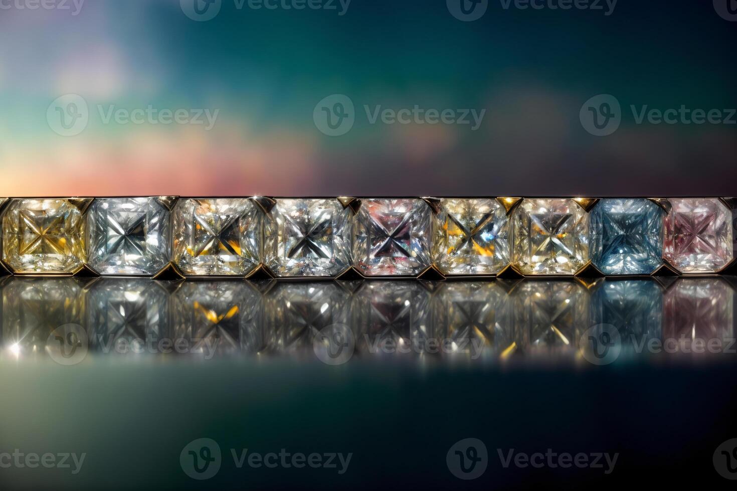 A Row Of Different Colored Diamonds On A Reflective Surface. photo