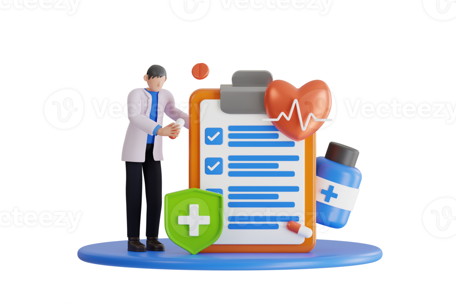 3d doctor writing prescription and holding pills. Male doctor prescribing medical treatment, painkiller or vitamin. 3d illustration png
