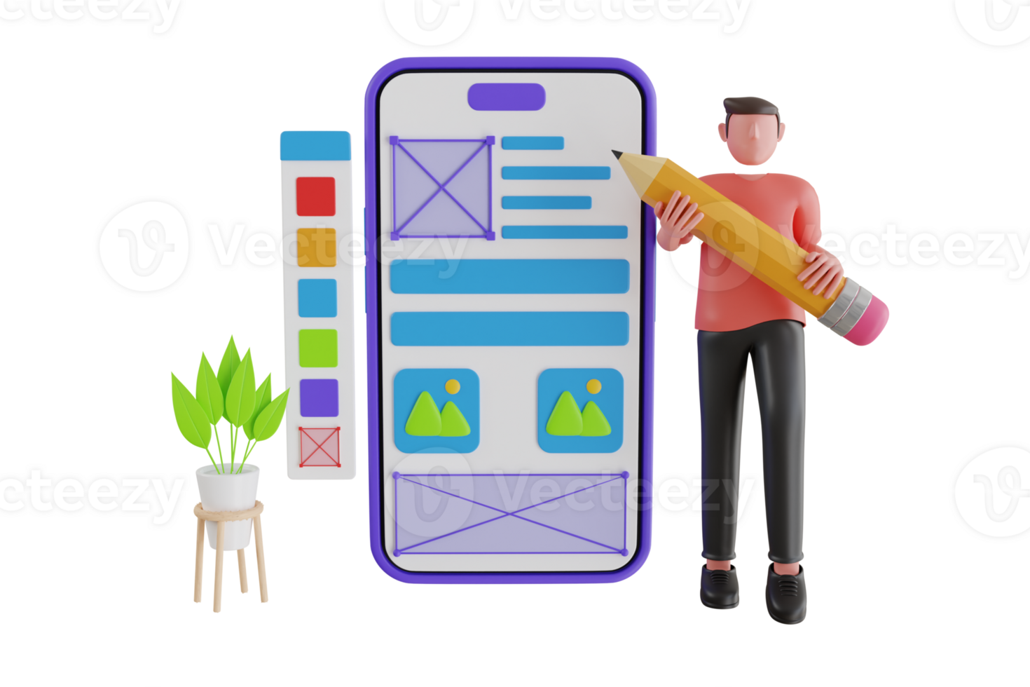 UX UI design concept with character and text place. man creates a custom design for a mobile application, Ui UX design. 3d illustration png