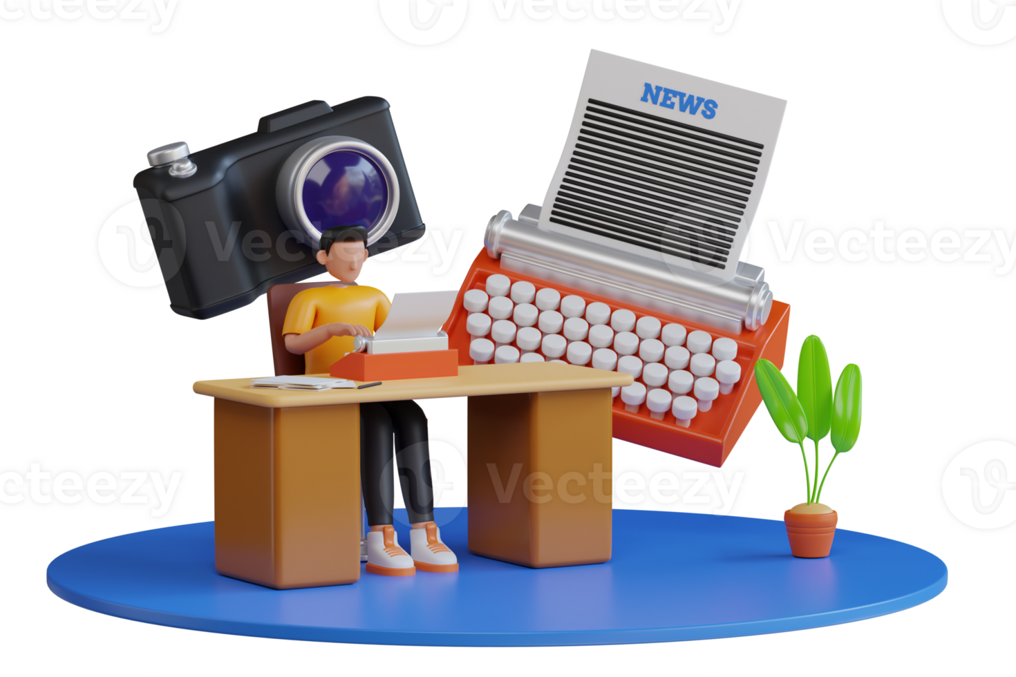 News Article Writer 3D Illustration. Content writer. Media creator and online freelance article writer, blog copywriter and content maker concept png