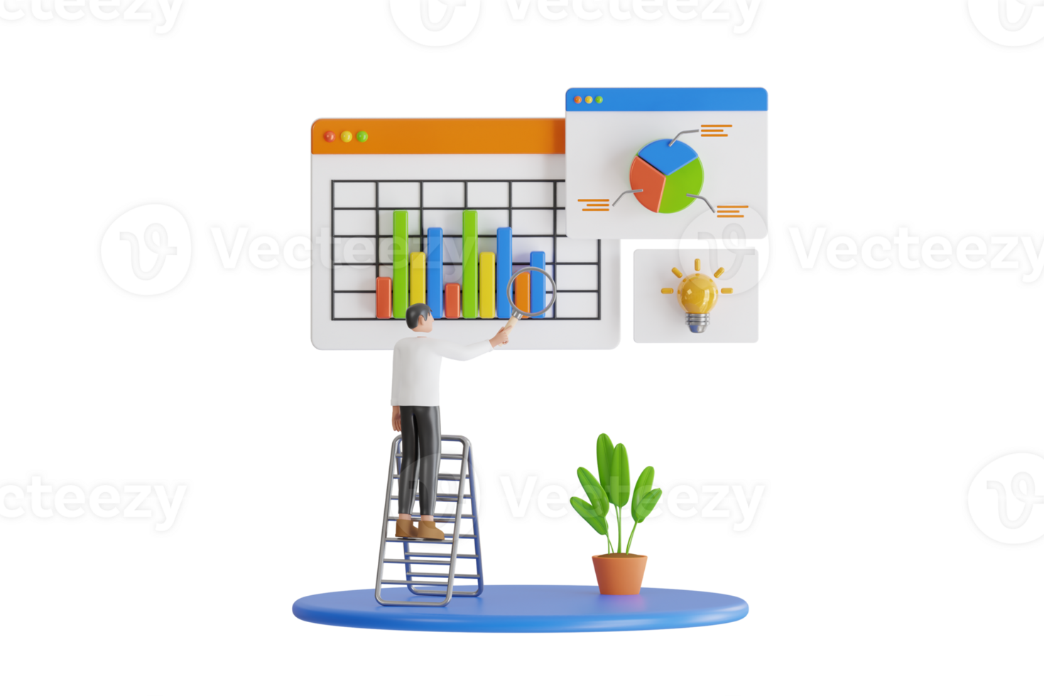 3d ilustração do homem com ampliação vidro pesquisando uma o negócio painel de controle com gráficos e infográficos. bem sucedido investidor com gráficos, infográficos e dados análise. png