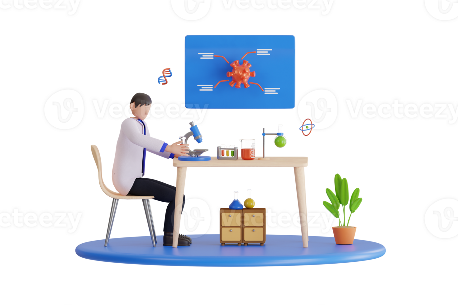 3d scientist doing lab research. Scientists working with DNA. Genetic testing, DNA testing, genetic diagnosis concept. 3d illustration png