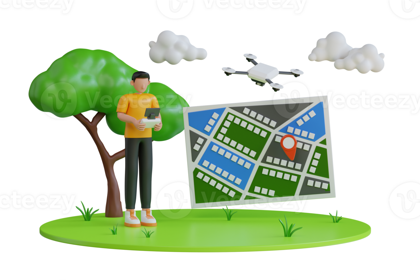 3d Man operating a drone using a controller. Isometric of video drone cameraman. Aerial videography job. 3D illustration png