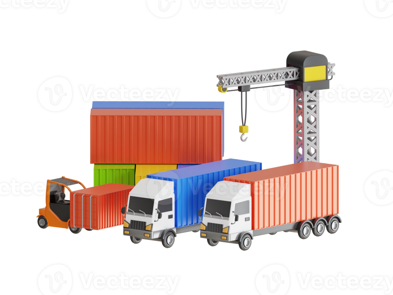 3d heftruck behandeling houder doos bezig met laden Bij de dokken met vrachtwagen. bezig met laden en lossen van containers. 3d illustratie png