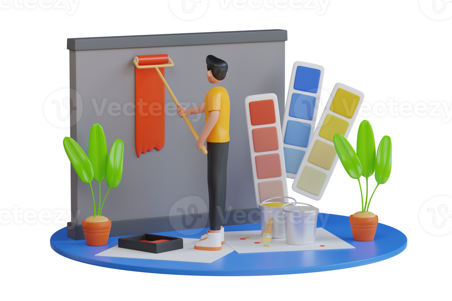 3D Illustration of Professional painter painting a wall. man painting wall with roller. view of painter man painting the wall, with paint roller and bucket png