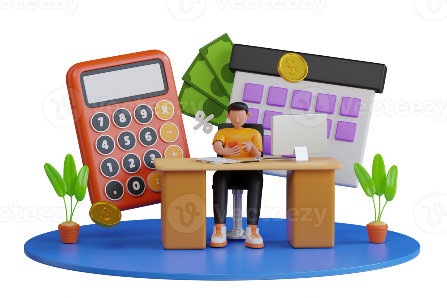3D Accountant business man employee at work. Calculate expenses, hire an accountant , money management, financial security. 3d illustration png