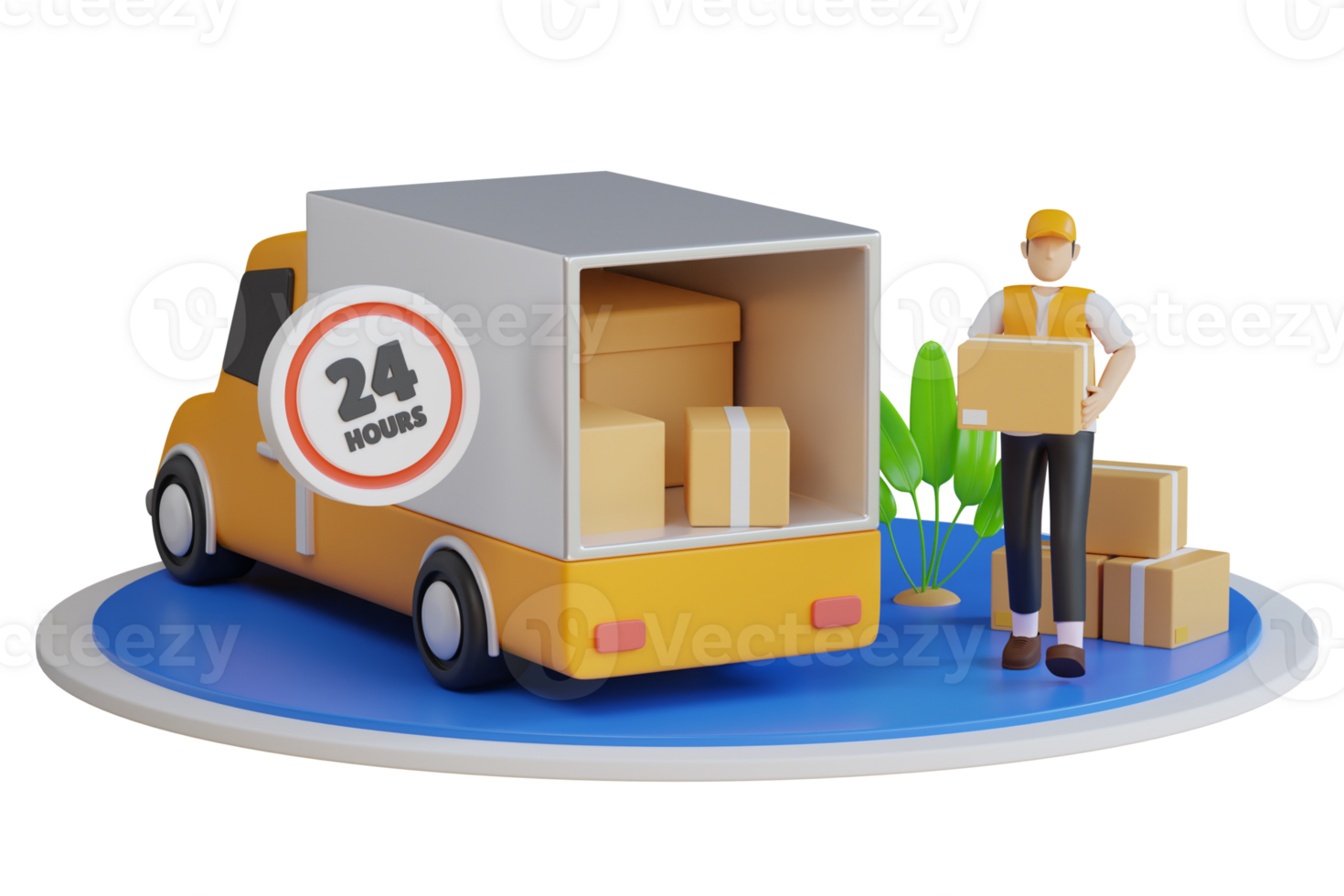 24 Hour Express Delivery. Fast Express and Delivery. Free shipping, product goods 24 hour delivery, Delivery truck van. 3d illustration png